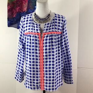 Vineyard Vines Blue and white split neck silk top S